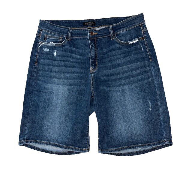 Judy Blue Distressed Bermuda Denim Blue Jean Shorts Size 3XL Stretch - Picture 1 of 11